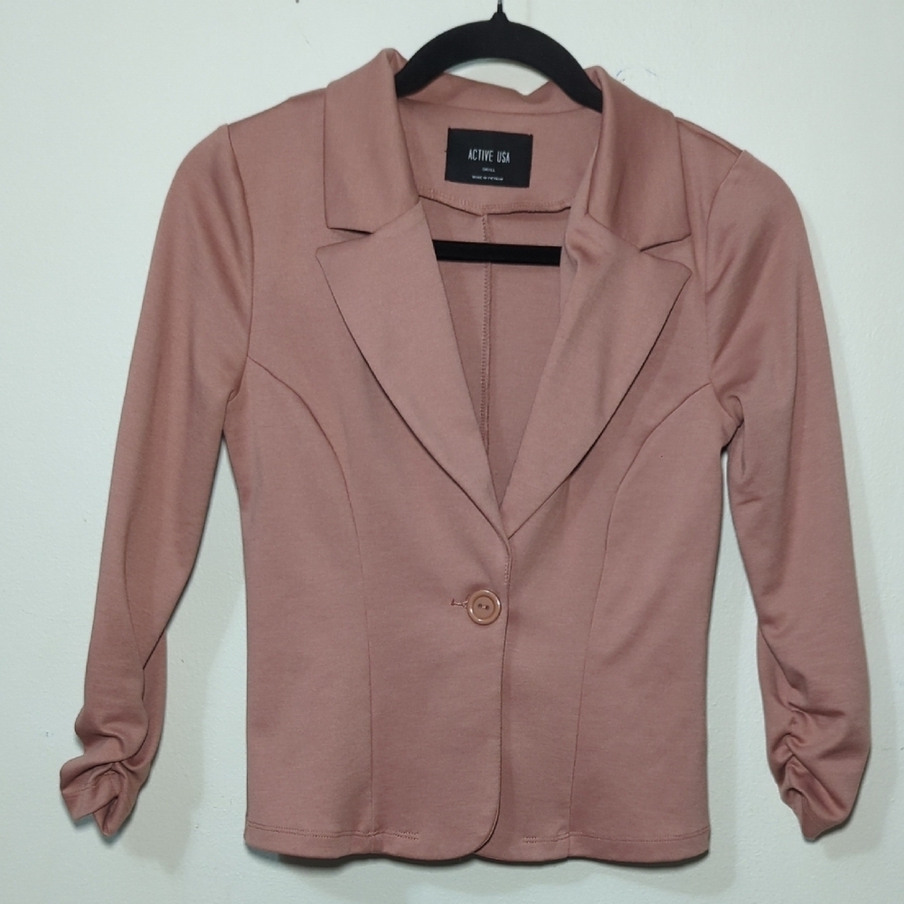 Active USA Knit Blazer Blush Pink One Button Stretch Ruched Sleeve Womens Size S